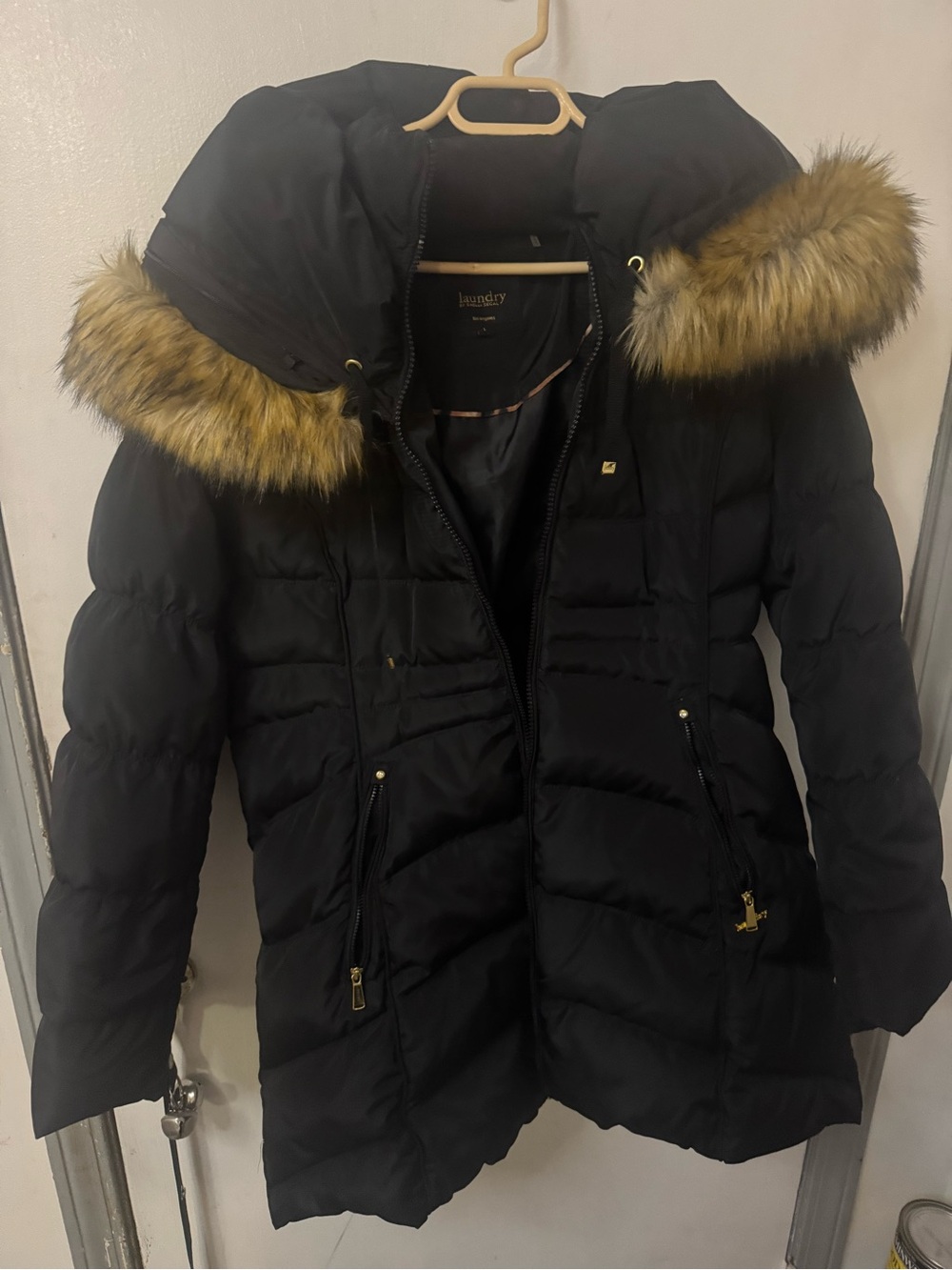 Laundry By Shelli Segal Black Puffer Coat with Faux Fur Trim